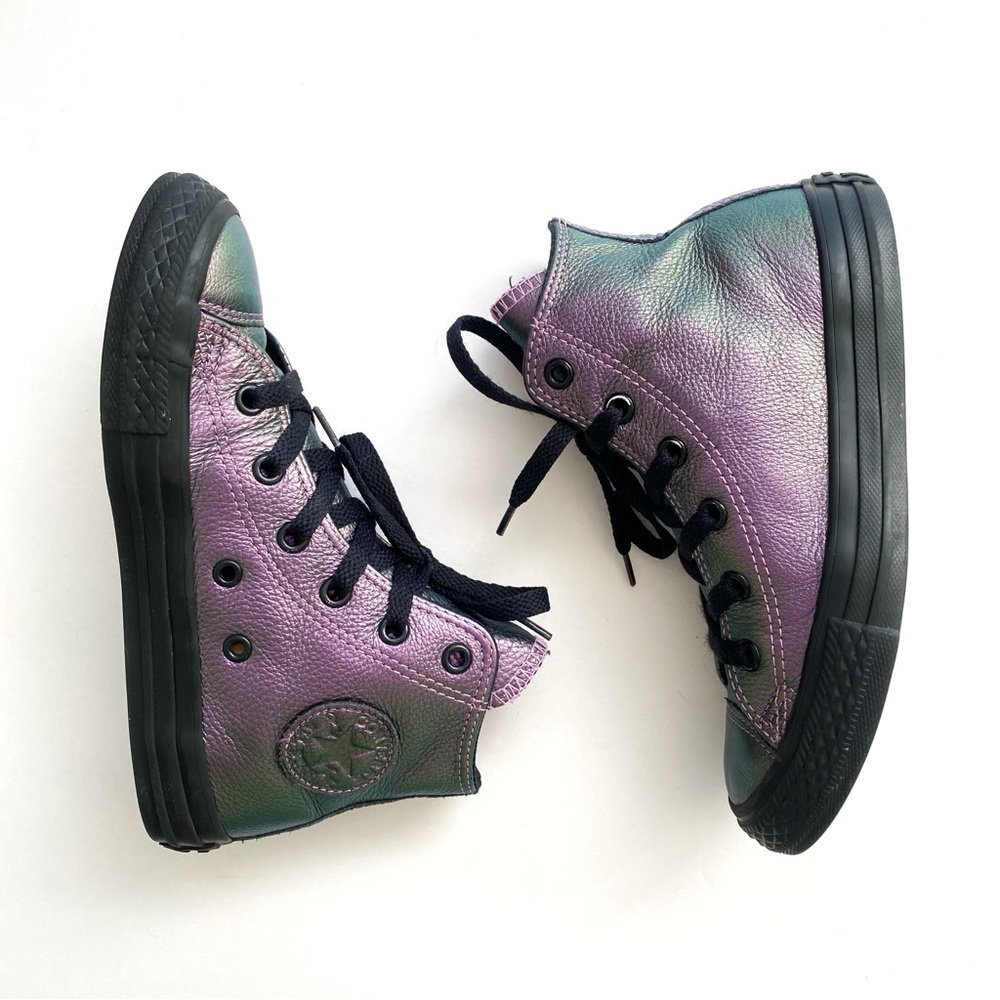 CONVERSE CHUCK TAYLOR ALL STAR PURPLE BLACK IRIDESCENT LEATHER HIGH TOP SHOES - Picture 6 of 11